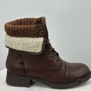 Moda Chics Brown Leather Ankle Boots With Fur Trim Collar, Size 5.5 NWOT